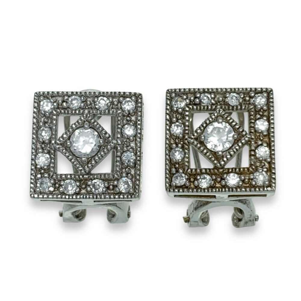 Vintage Sterling Silver 925 Square Milgrain Cut Out Clear Crystal Earrings